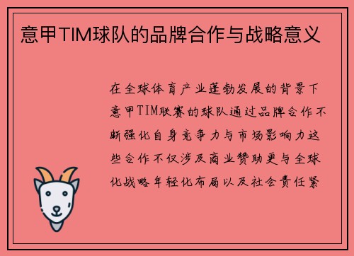 意甲TIM球队的品牌合作与战略意义
